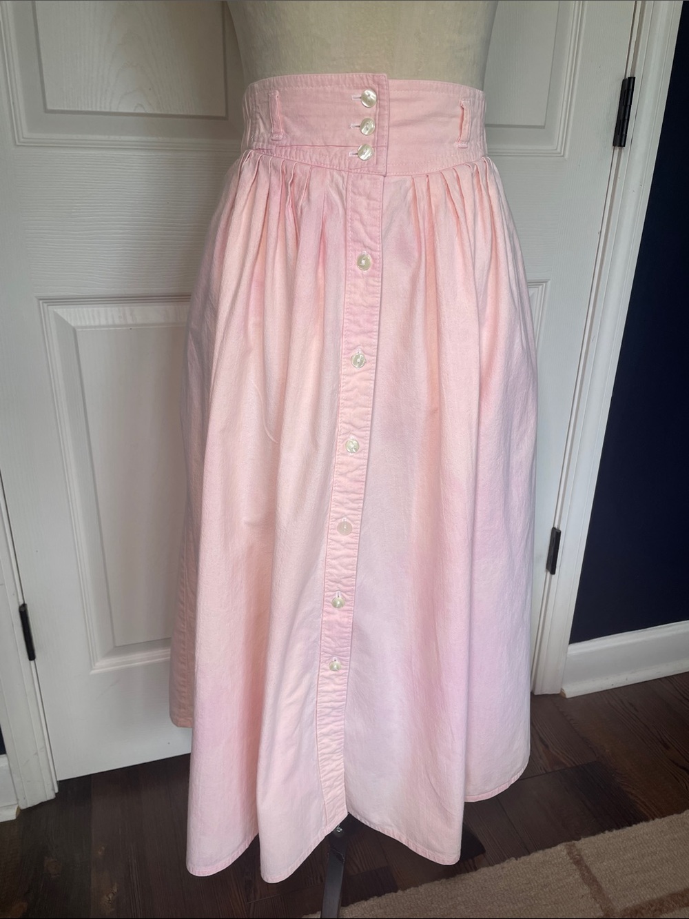 Vintage 80s Cottagecore Pastel Pink White Button Midi Skirt Koret City Blues 10